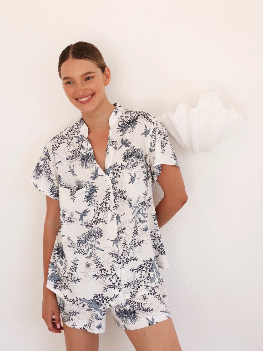 Piyama White&Blue Floral Bug Summer Toile Print Maggie Pajama Short Set Sz.M